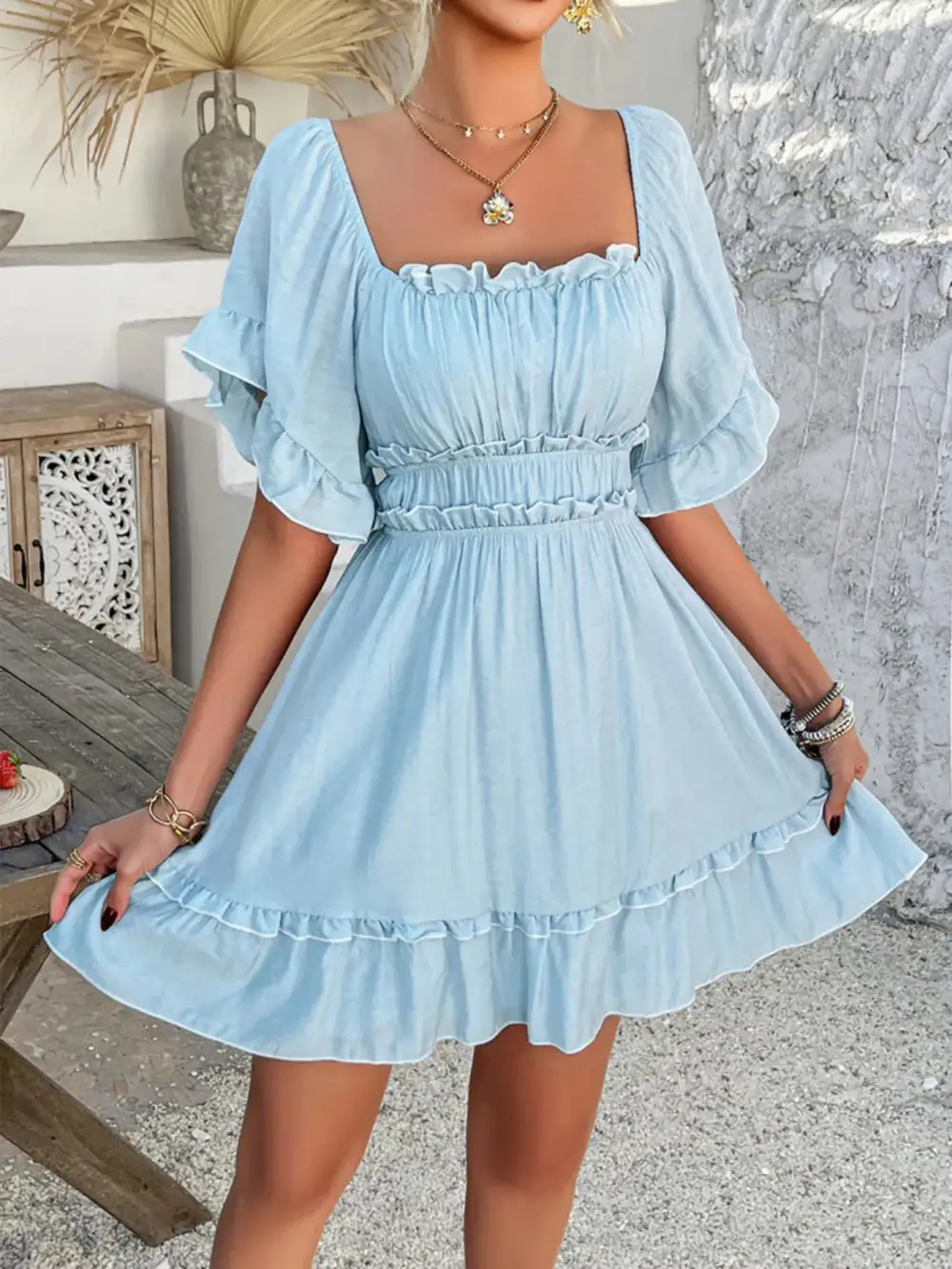 Square Neck Ruffle Mini Dress