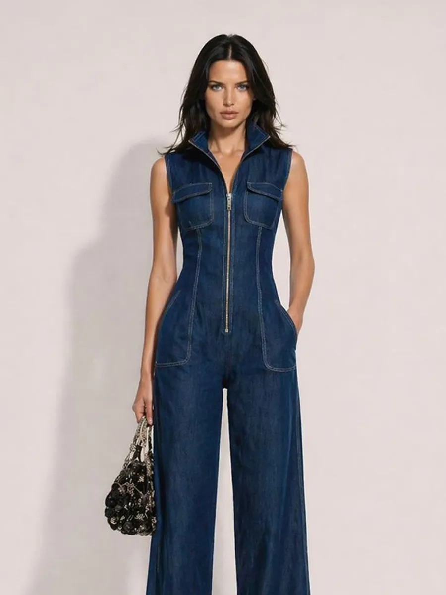 Celine Retro Stand-Collar Zip-Front Sleeveless Denim Jumpsuit