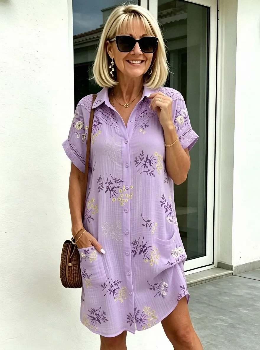 Women's Summer Vacation Floral Embroidered Printed Shirt Dress