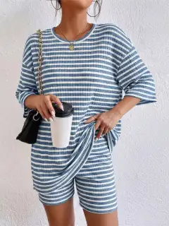Casual Refined Striped Top and Shorts Matching Set