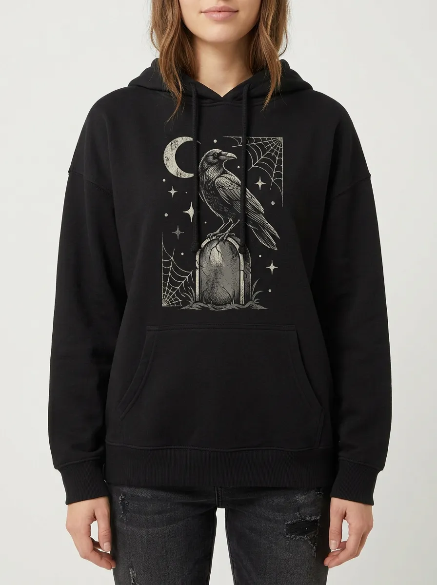 Women's Halloween Gothic Raven Tombstone Printed Hoodie