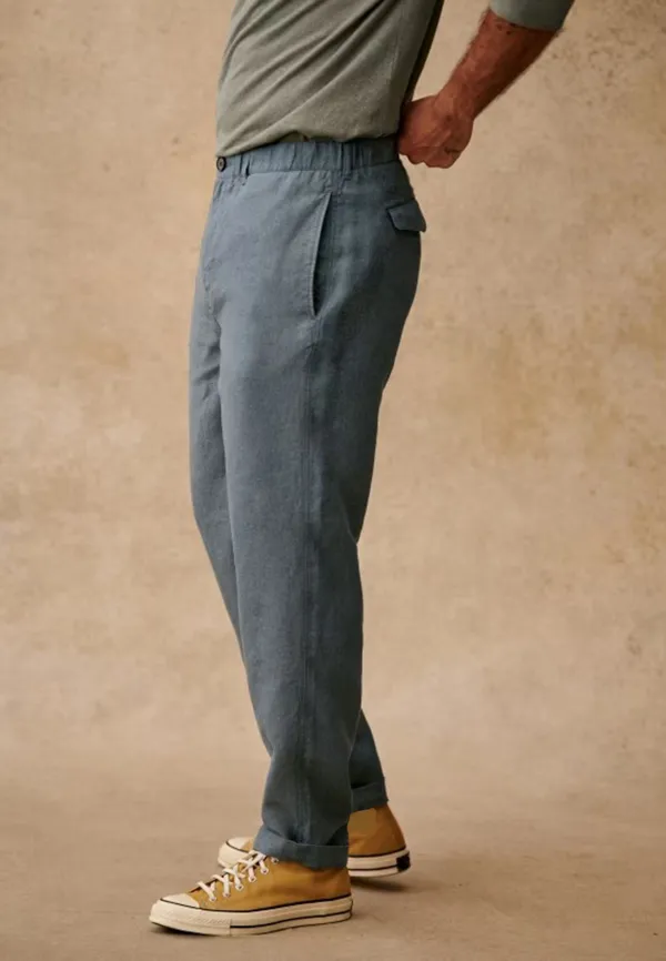 Steel Blue Washed Cotton Straight Leg Trousers