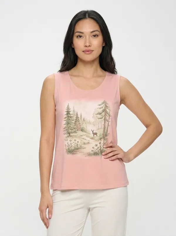 Women's Nature Lover Forest Deer Landscape Printed Tank Top