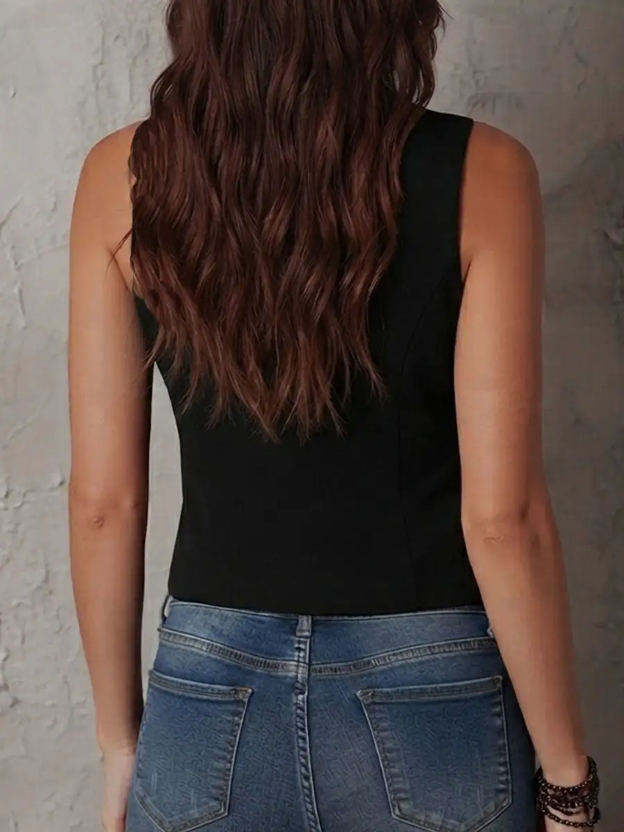 Boho Black Lace Trim Zip-Up Corset Vest