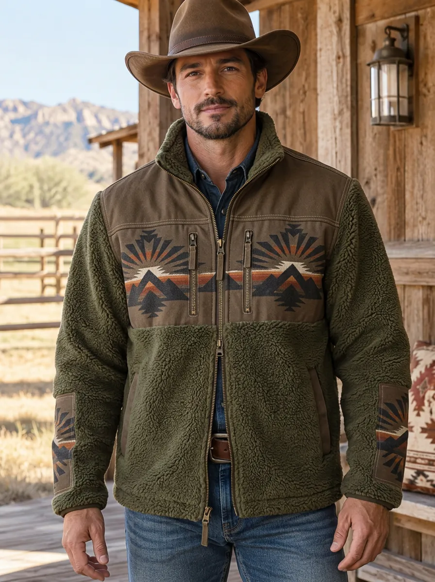 Ranch House Mountain Aztec Country Style Men's Western Fleece Jacket