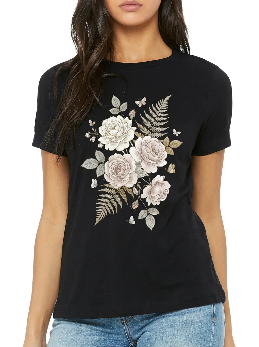 Women's Botanical Floral Rose Fern Butterfly Printed T-shirt