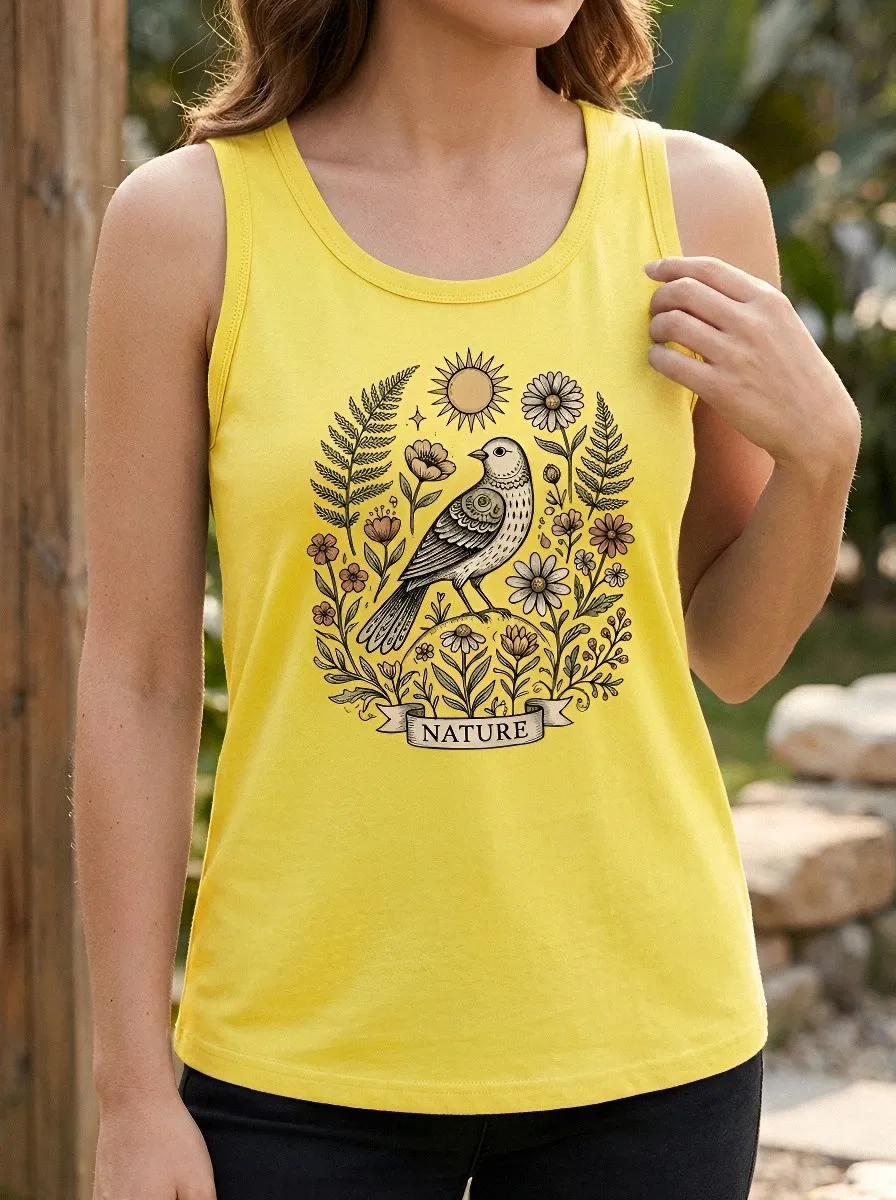 Women's Nature Lover Bird Floral Sun Printed Tank Top
