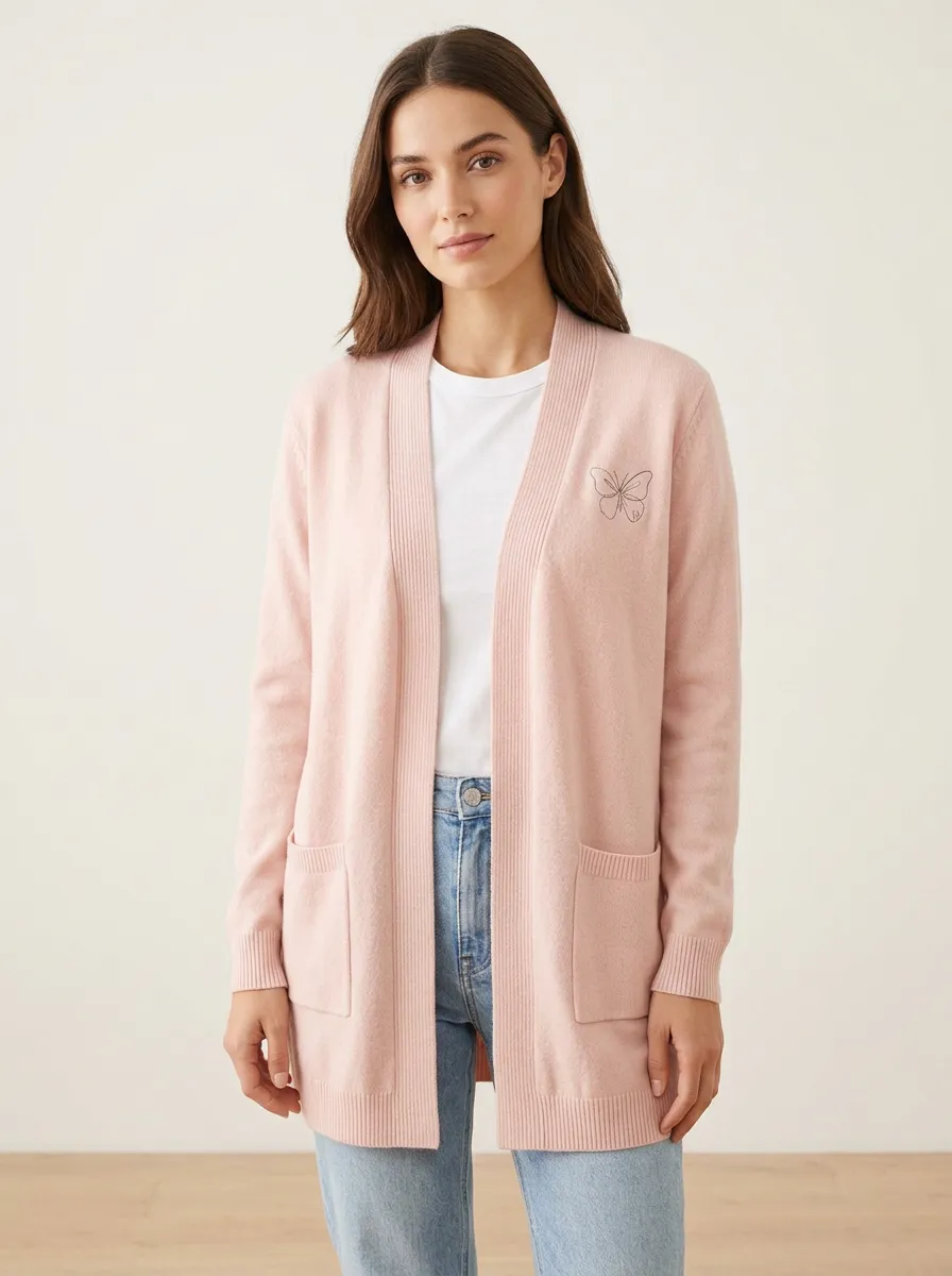 Women's Butterfly Lover Pink Embroidered Casual Cardigan Top