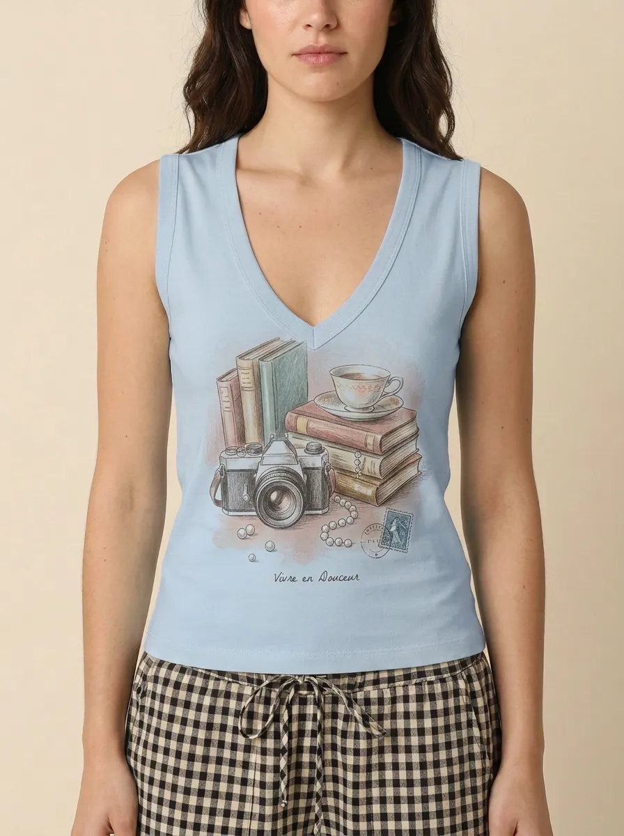 Women's Book Lover Camera Tea Printed V-neck Tank Top