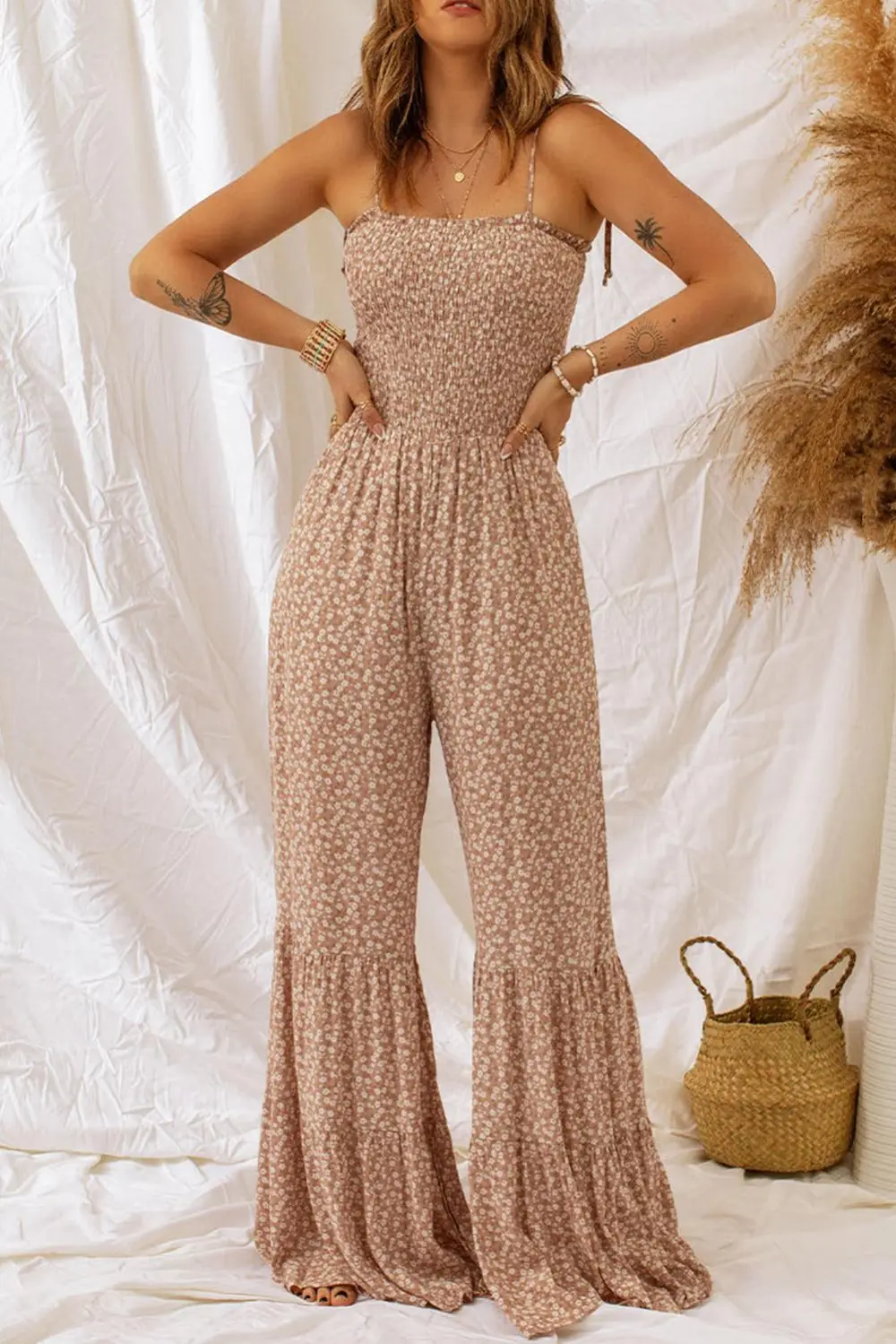 Floral Spaghetti Strap Smocked Wide Leg Accessory