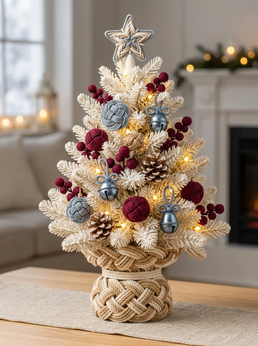 Boho Macrame Woven Star Pinecone Berry Christmas Tabletop Tree