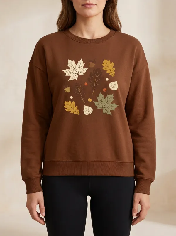 Soft Design Maple-Leaf Printed Acorn Graphic Sweatshirt