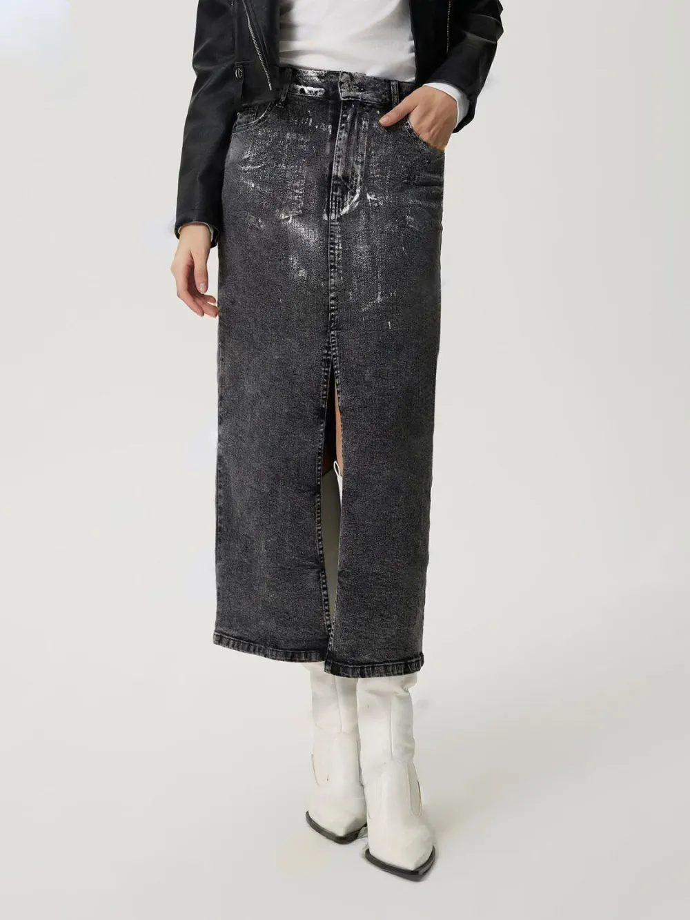 Open Button Front Denim Detail Skirt