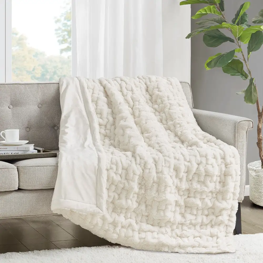 Ruched Faux Fur Throw Blanket