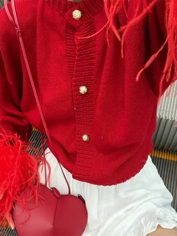 Round-Neck Knit Pocketed Patchwork Cardigan