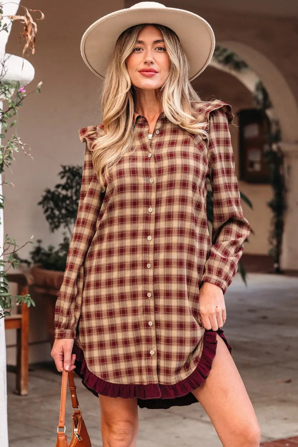 Gathered Detail Plaid Patchwork Ruffle Mini Dress