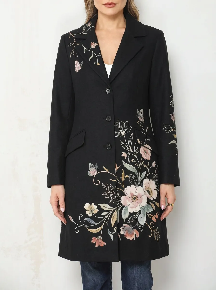 Women's Floral Butterfly Nature Printed Long Coat