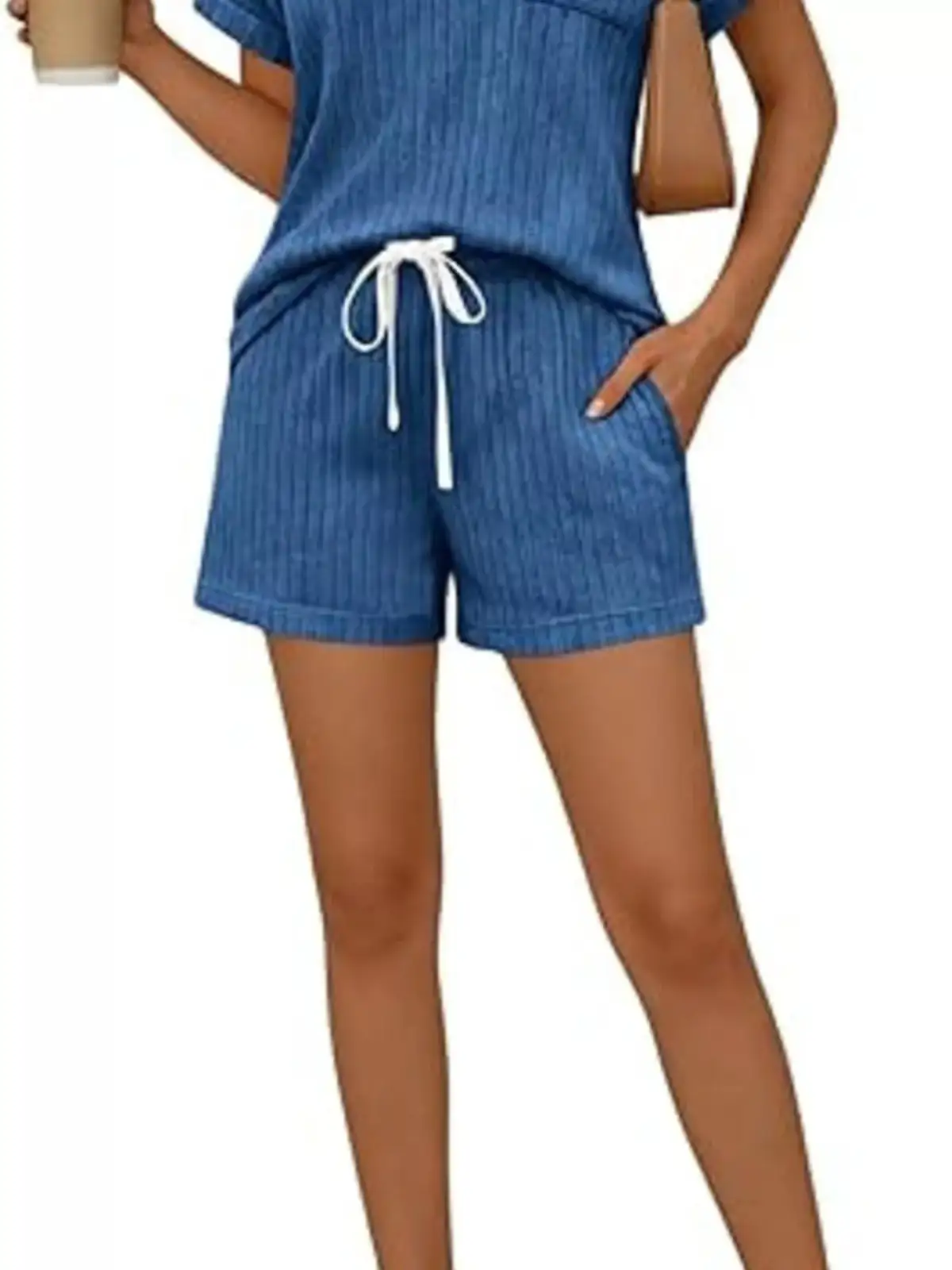 Drawstring Pocketed Ribbed Tee and Shorts Matching Set