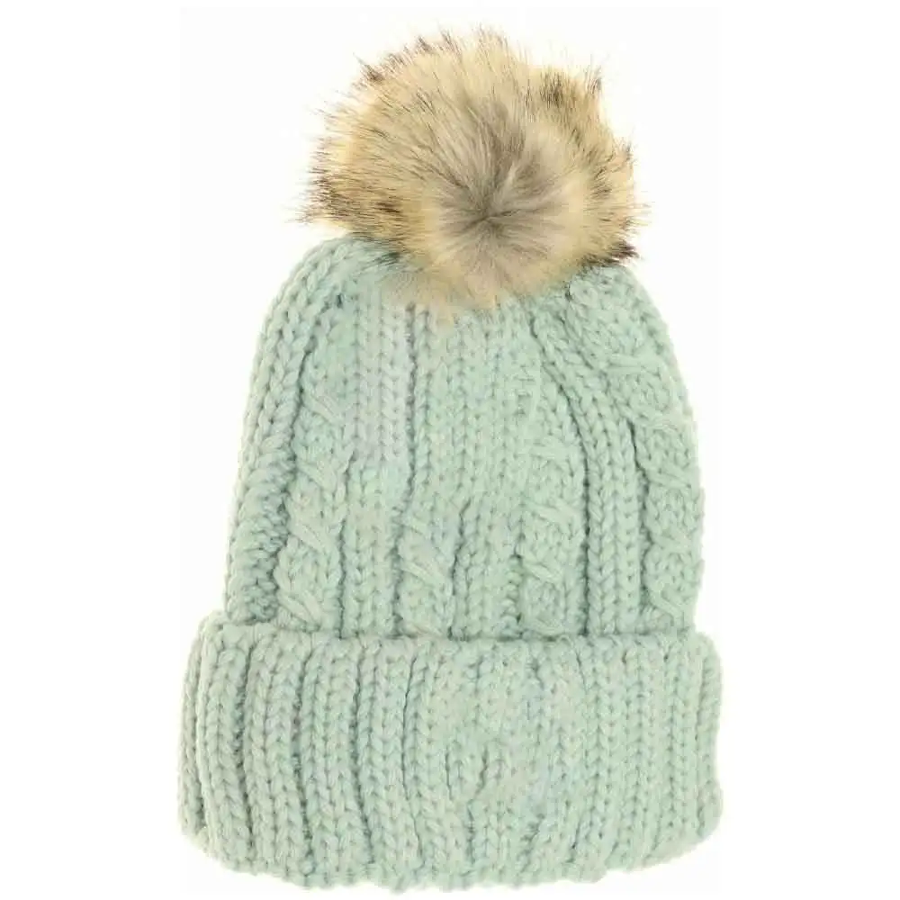 Cable Ribbed Fur Pom Beanie