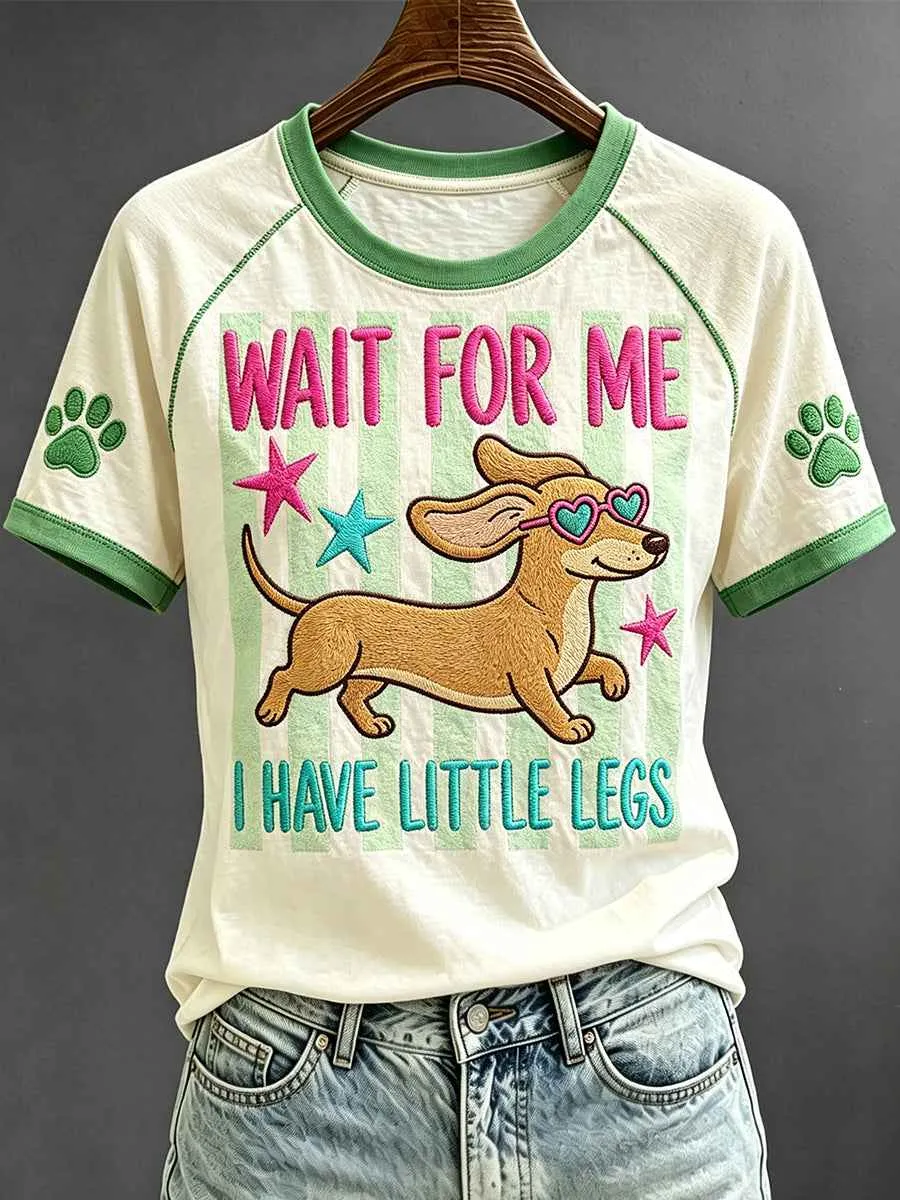 Women's Wait For Me I Have Little Legs Funny Dachshund Art Print Short Sleeve T-Shirt