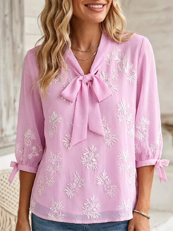 Women's V-neck Tie-neck Three-quarter Sleeve Blouse