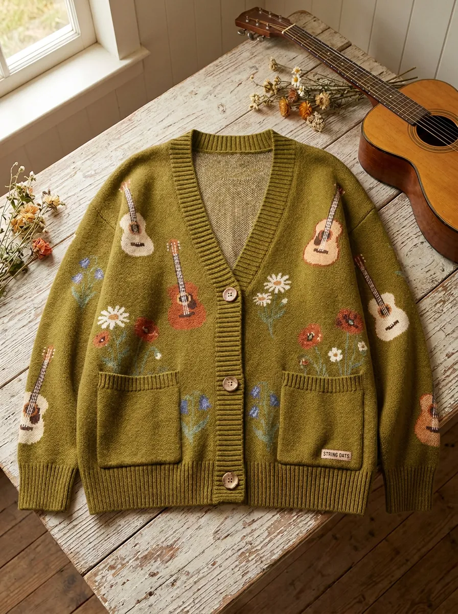 Guitar Knitted Country Music Cardigan