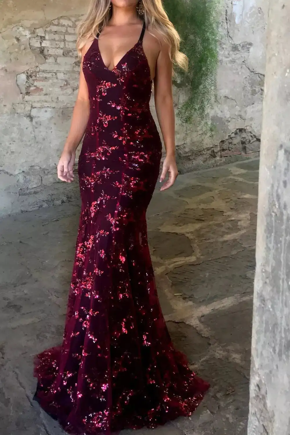 Full Size Sequin Tie Back V Neck Maxi Dress Plus Size