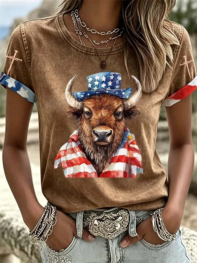 Women'S Western Style American Flag Cross Casual T-Shirt