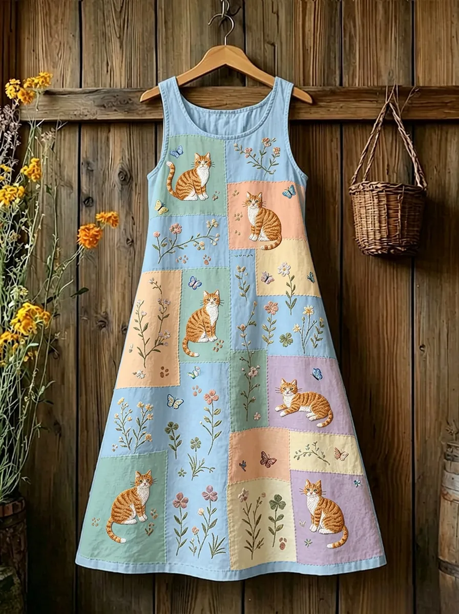 Women's Cat Lover Patchwork Floral Printed Cotton Linen Dress