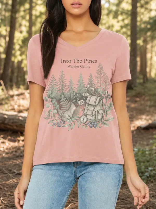 Women's Nature Hiking Lover Fox Backpack Compass Printed T-shirt