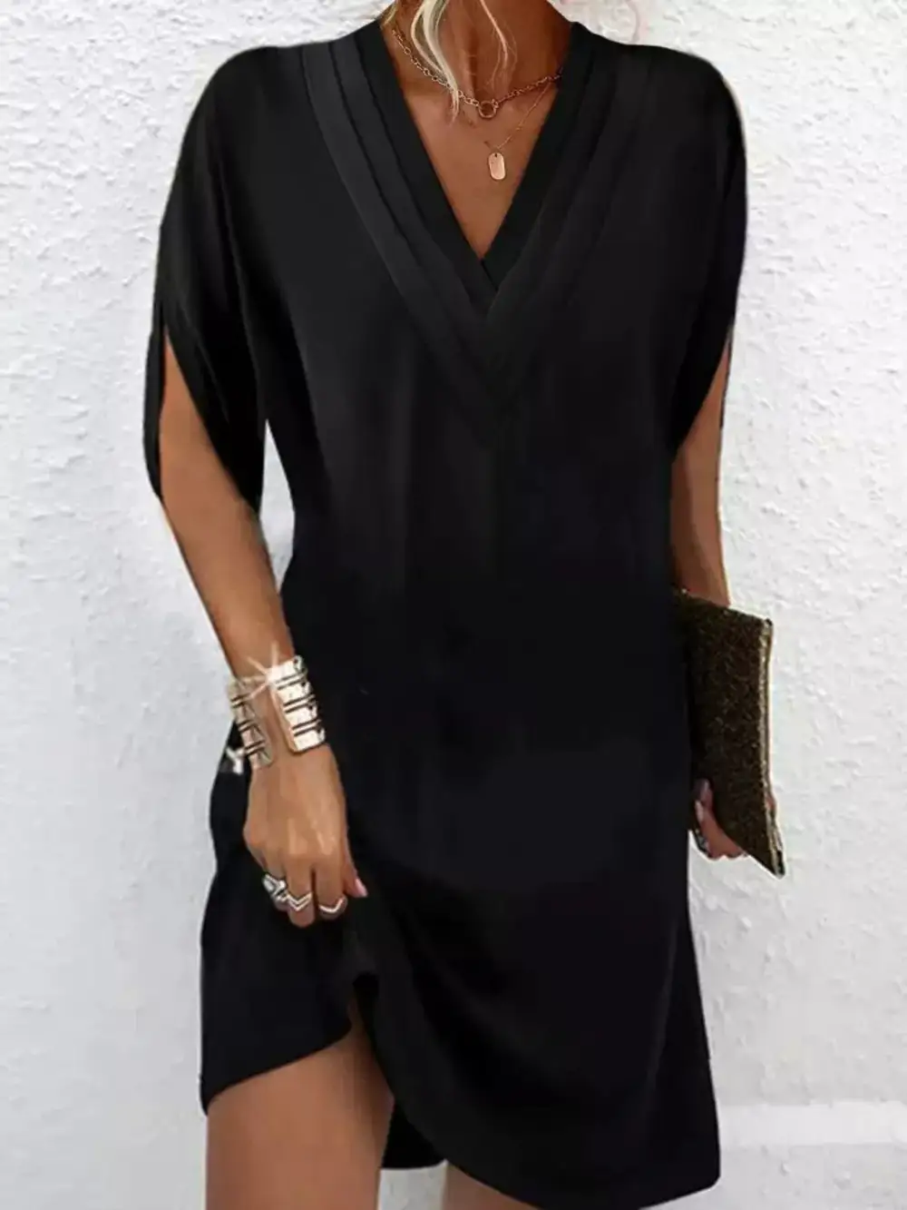 V Neck Slit Mini Dress