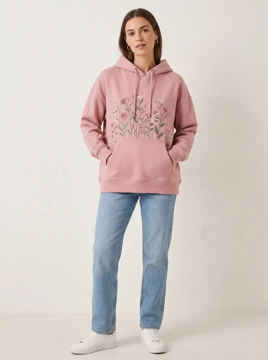 Women's Dusty Rose Floral Embroidered Hoodie