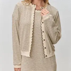 Striped Scallop Trim Ribbed Knit Cardigan