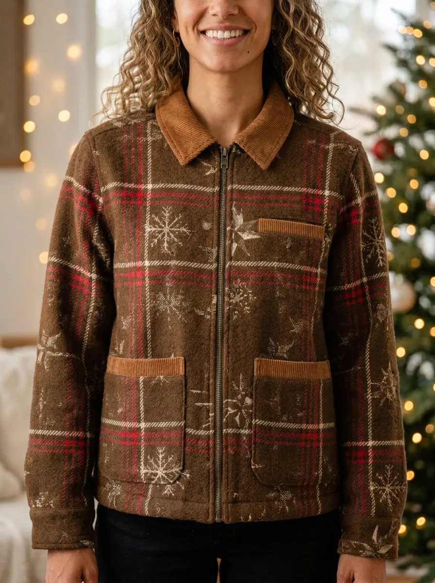 Christmas Holiday Snowflake Plaid Print Zip Jacket