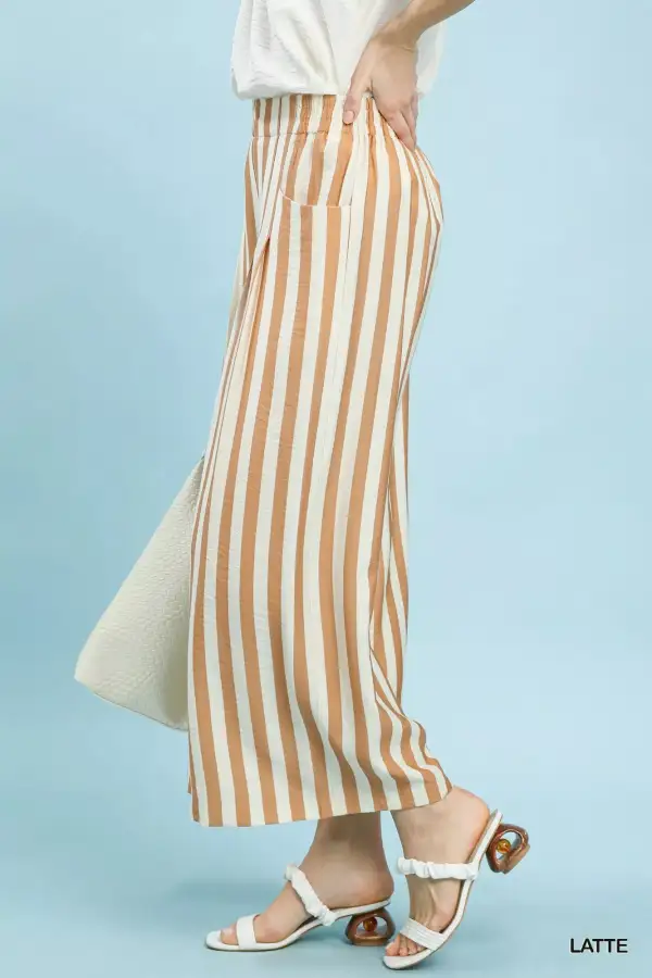 Wide Leg Striped Relaxed Fit Elastic Waist Pants