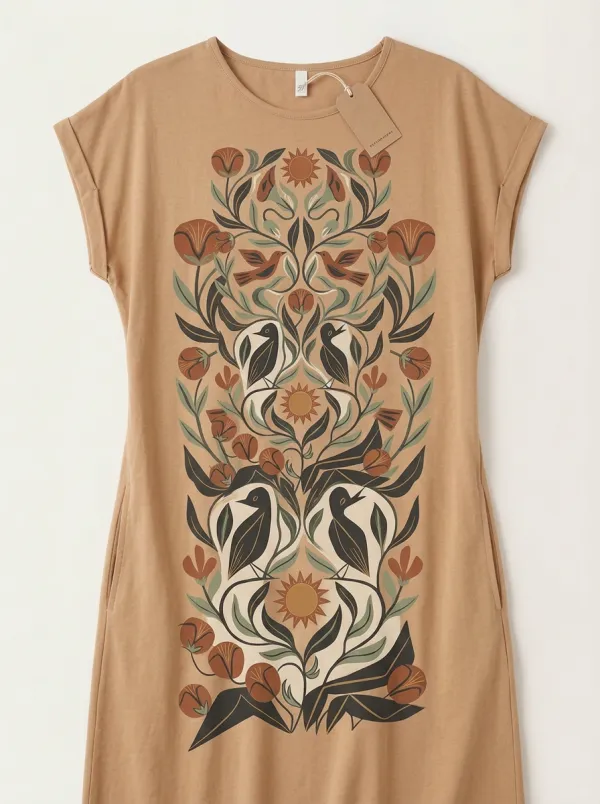 Boho Nature Lover Bird Floral Sun T-Shirt Dress