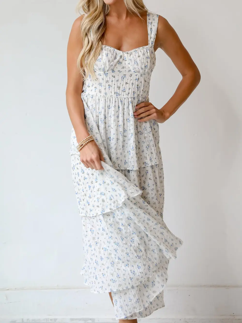 Ivory Floral Tiered Midi Dress
