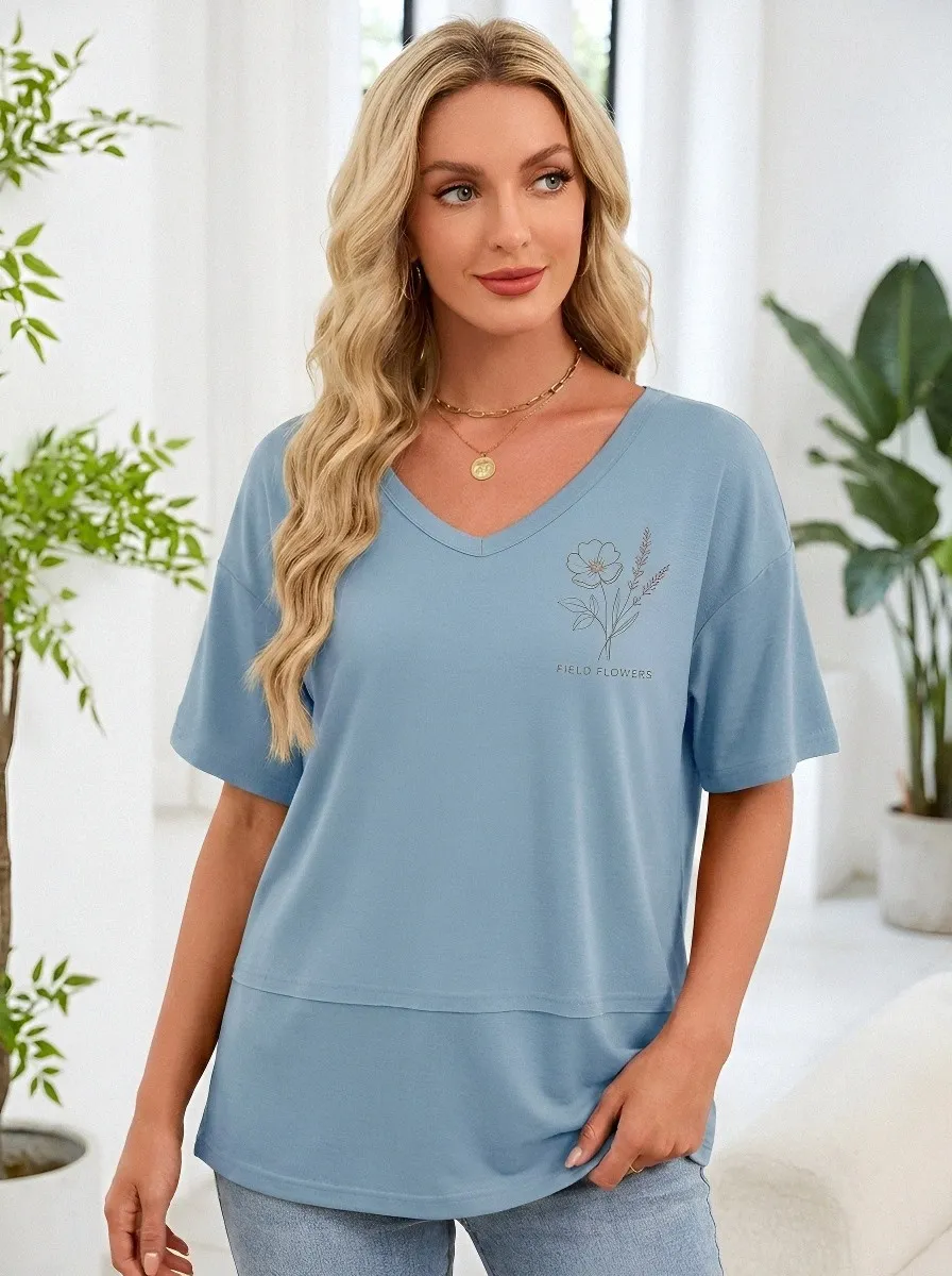 Women's Nature Lover Field Flowers Line Art Printed T-shirt
