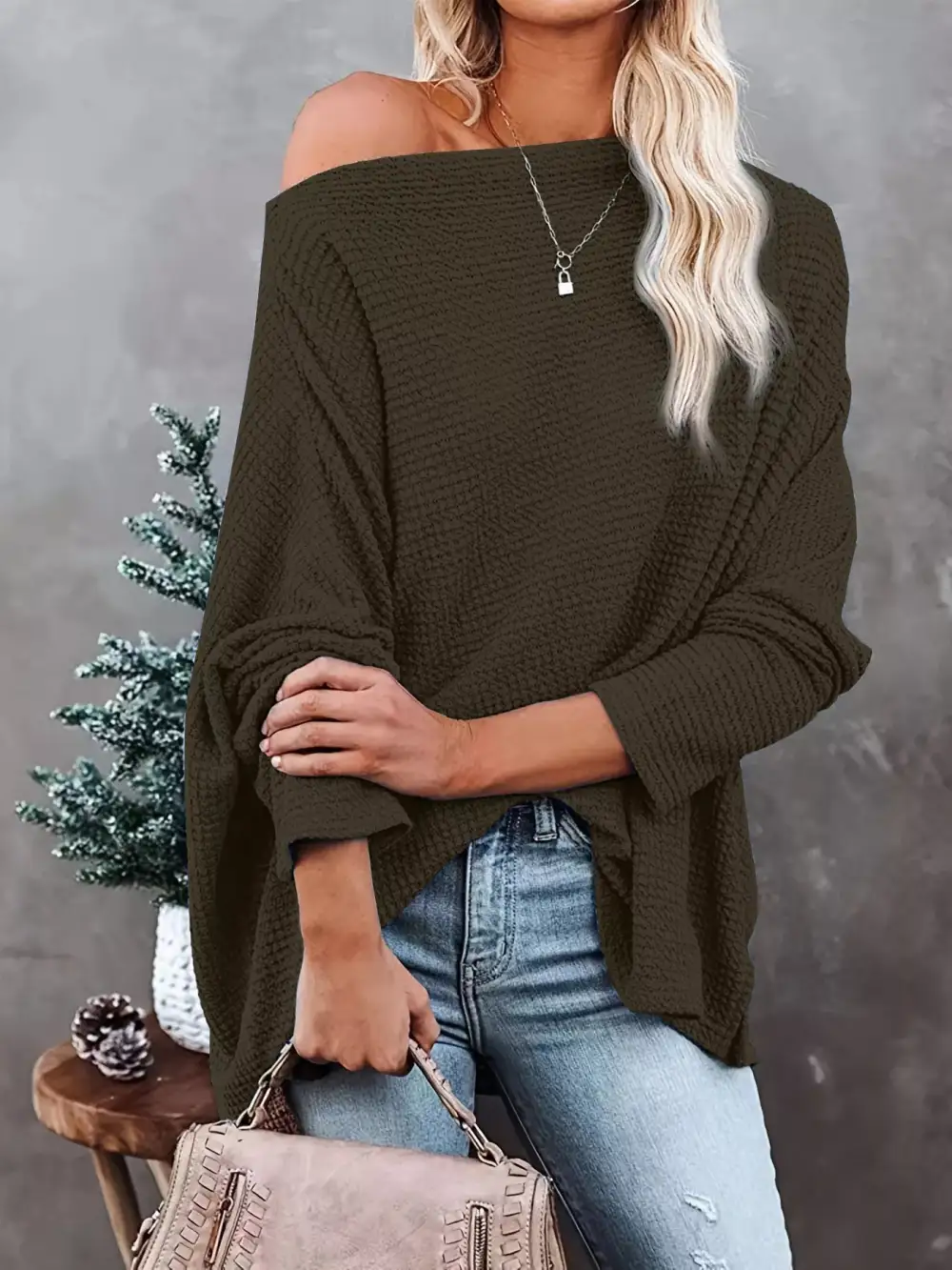 Waffle Knit Boat Neck Sweater