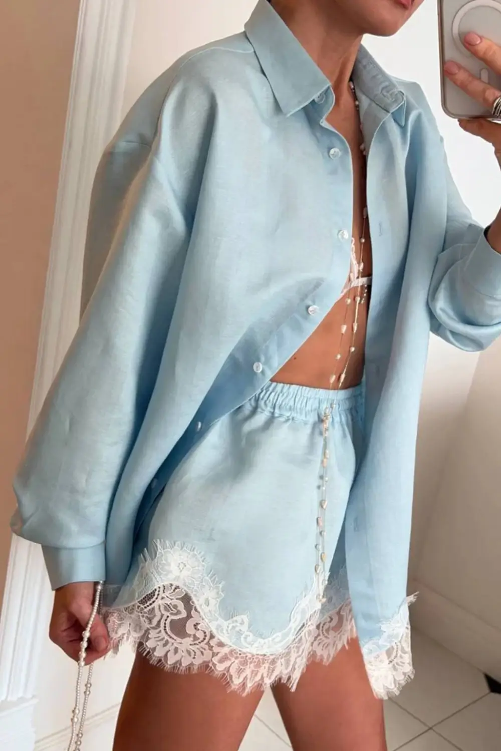 Emma Lapel Long-Sleeve Shirt & Lace-Paneled Shorts Set