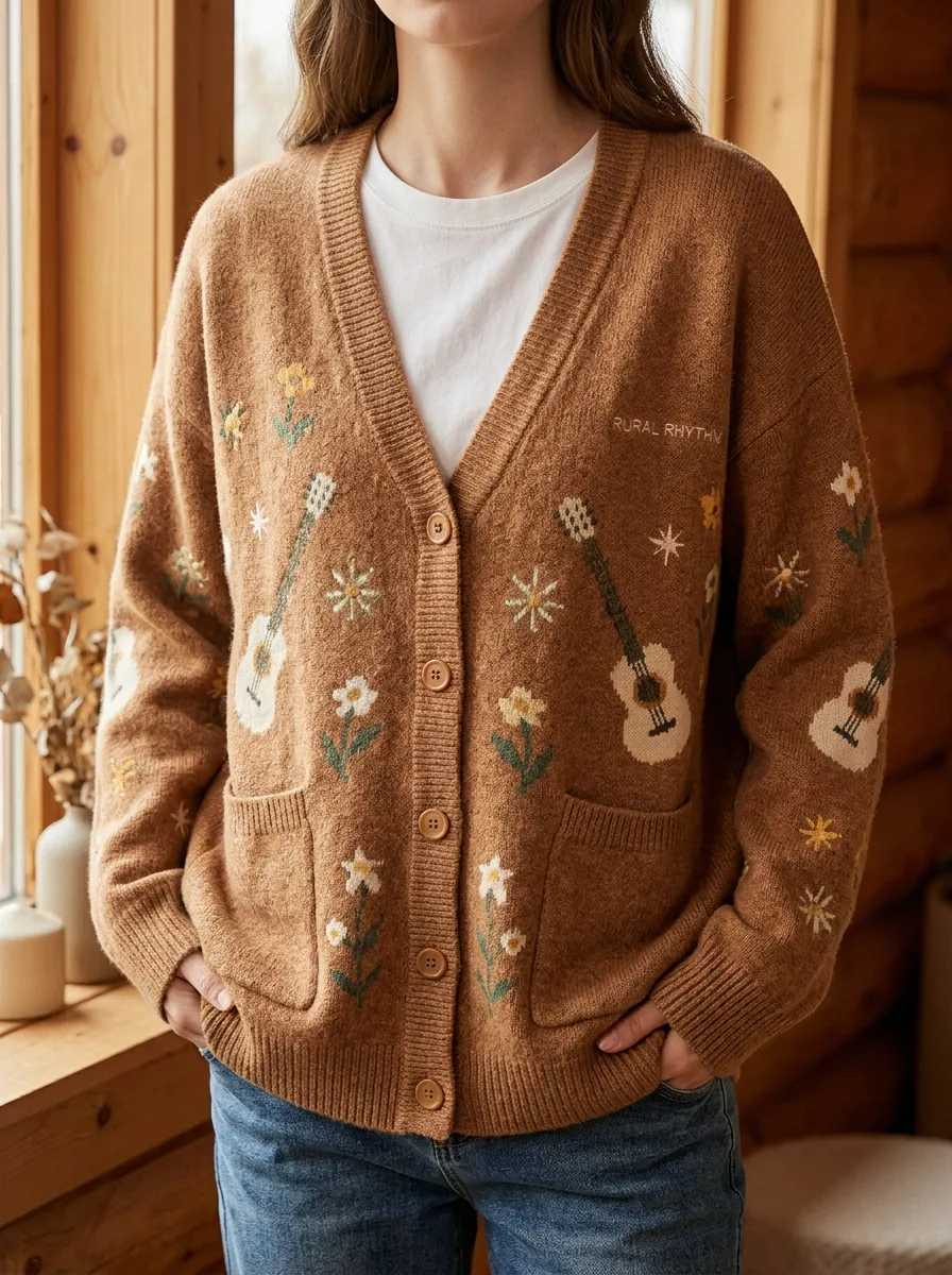 Rustic Folk-Motif Women's Country Music Knit Cardigan