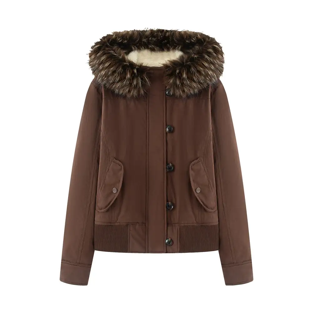Quilted Faux Fur Hooded Flap Pocket Bomber Jacket
