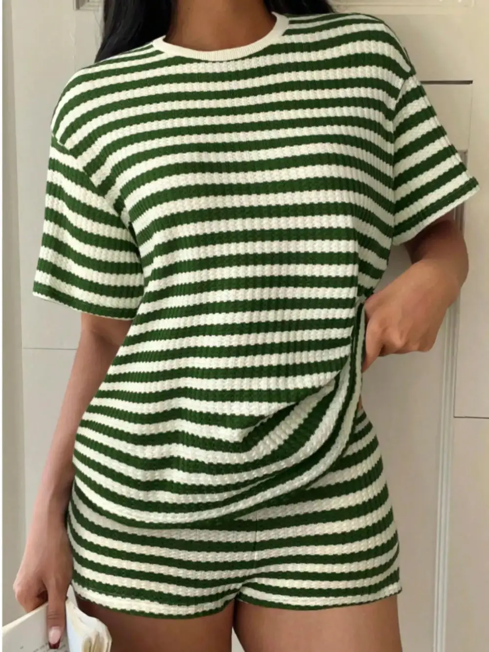 Relaxed Striped Round Neck Top Shorts Set