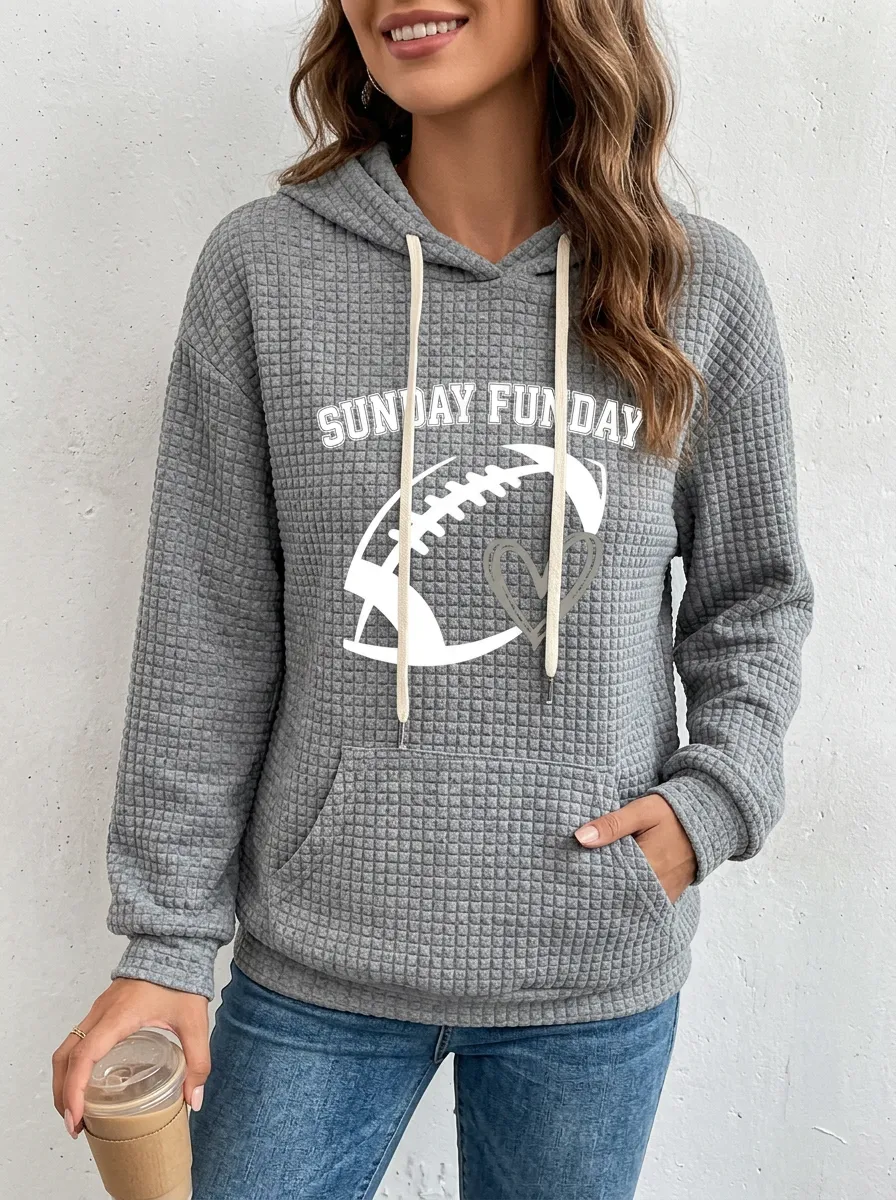 Women's Sunday Funday Football Heart Printed Waffle Hoodie