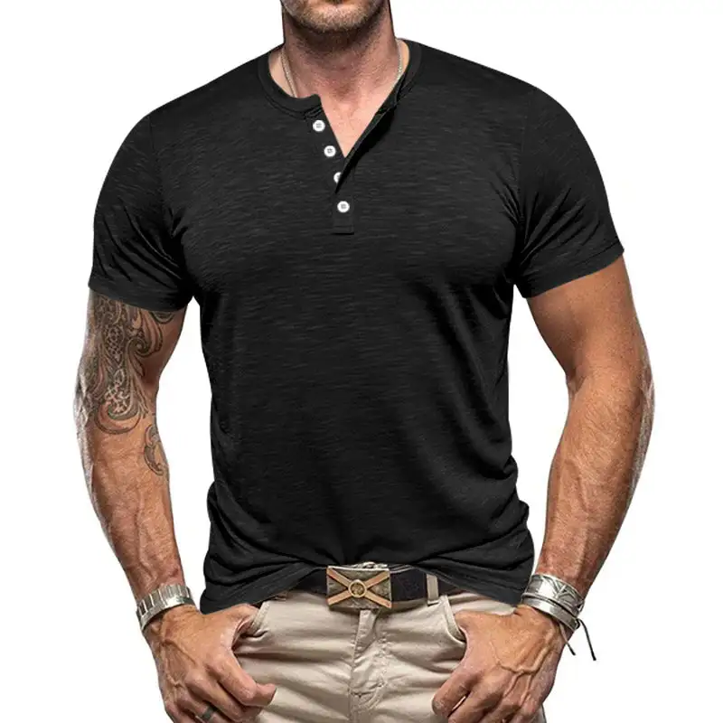 Men's Nano Athletic Henley T-Shirt Structured Slub Cotton With Short Button Placket