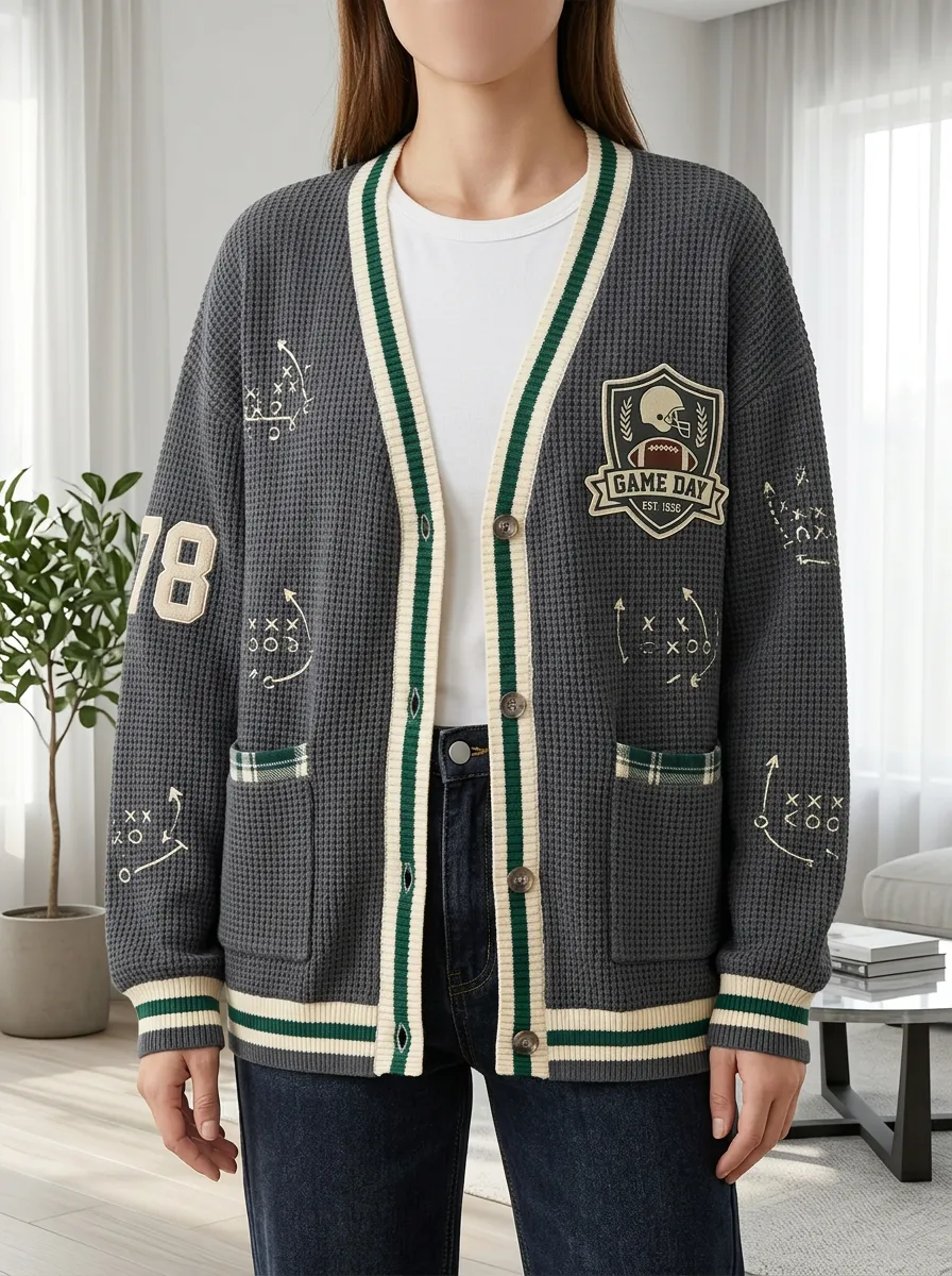 Women's Football Game Day Playbook Printed Waffle Knit Cardigan