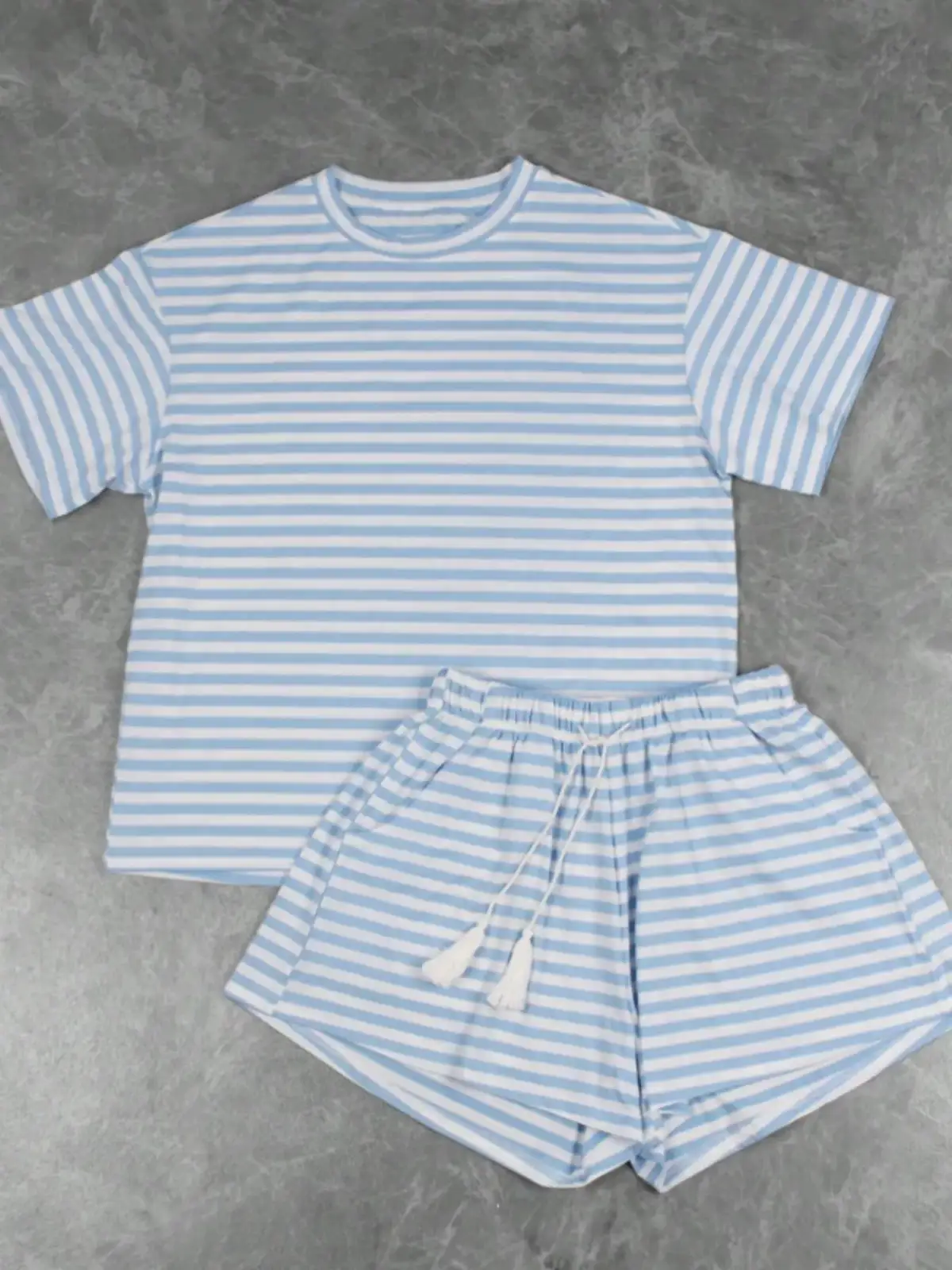 Refined Drawstring Pocketed Striped Tee and Shorts Matching Set