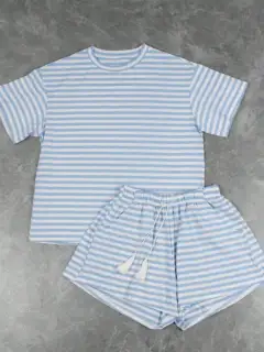 Refined Drawstring Pocketed Striped Tee and Shorts Matching Set