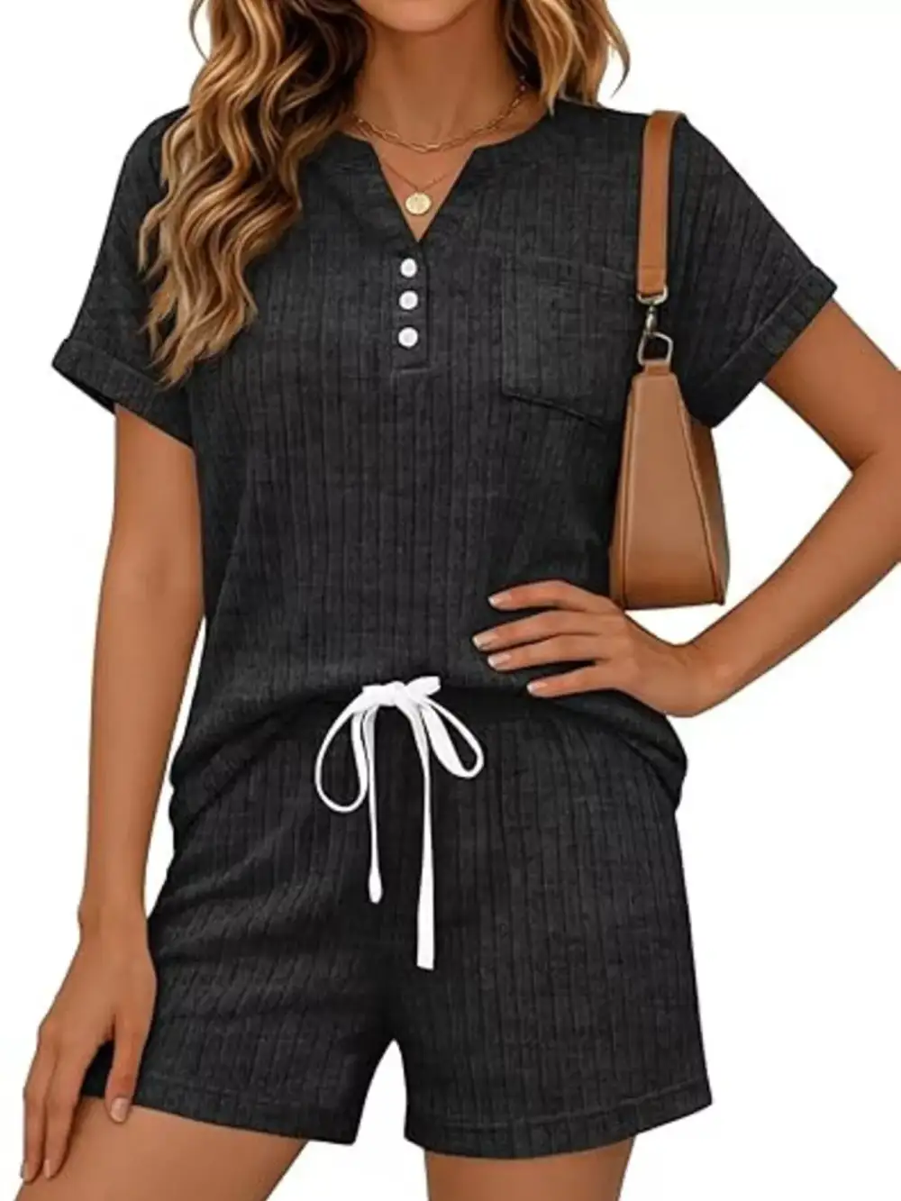 Casual Ribbed Knit Tee Shorts Set