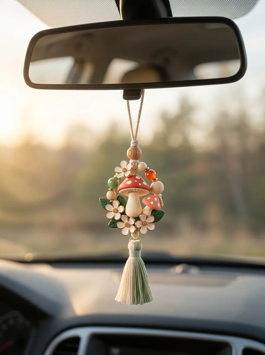 Beaded Tassel Mushroom Floral Rearview Mirror Hanging Ornament